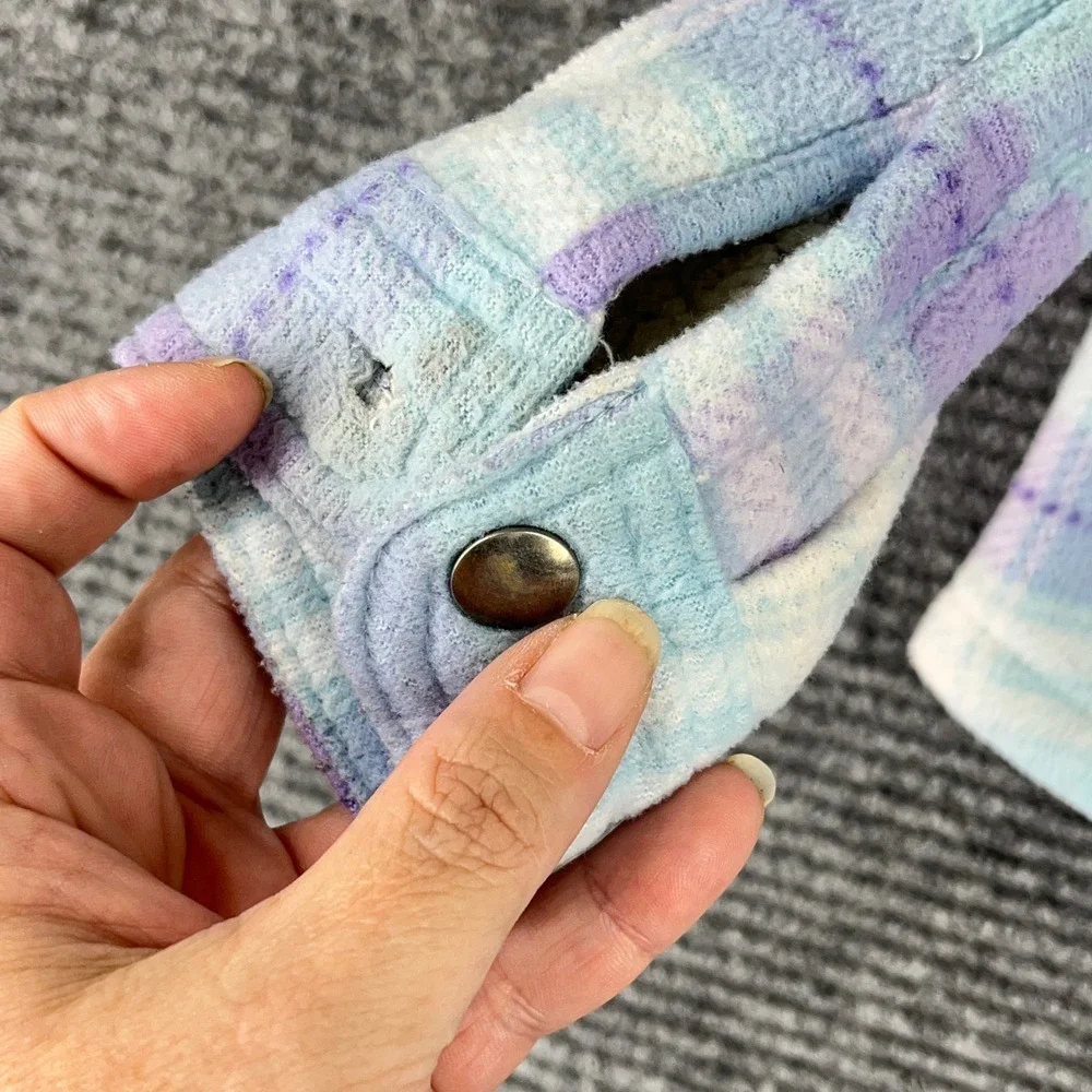 Eddie Bauer Girls Plaid Fleece Shacket‎ Sherpa Lined Blue Purple 6/6X Shirt